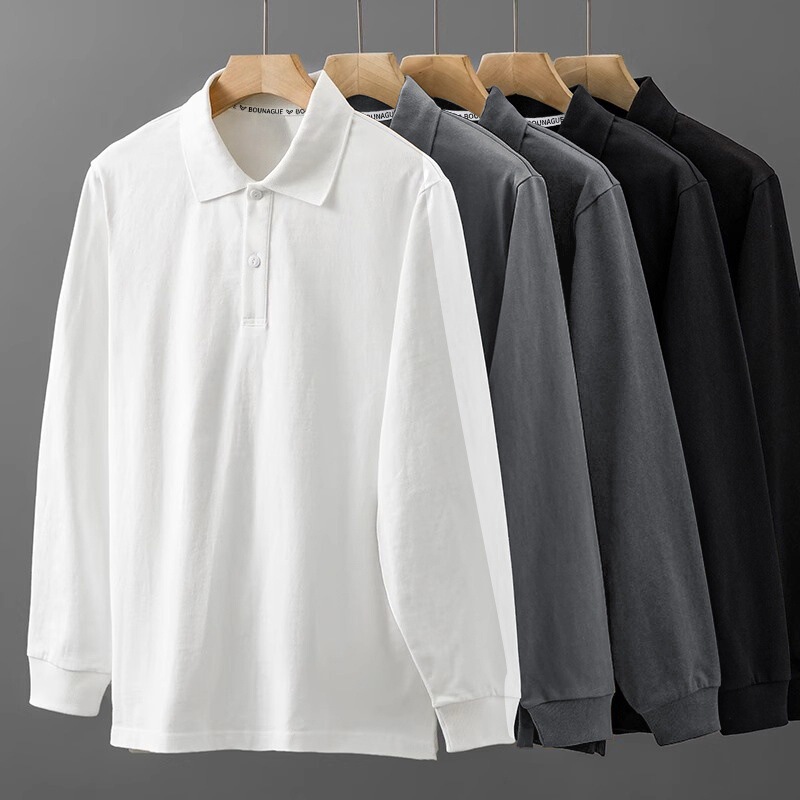Heavy Weight Cotton Polo Shirt Men's Long-Sleeved Spring and Autum New Pure Color Bottoming Shirt Casual Loose Lapel Sweatshirt for Men