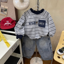 前胸贴口袋条纹圆领卫衣2025秋季新款儿童洋气上衣春秋薄款男童潮