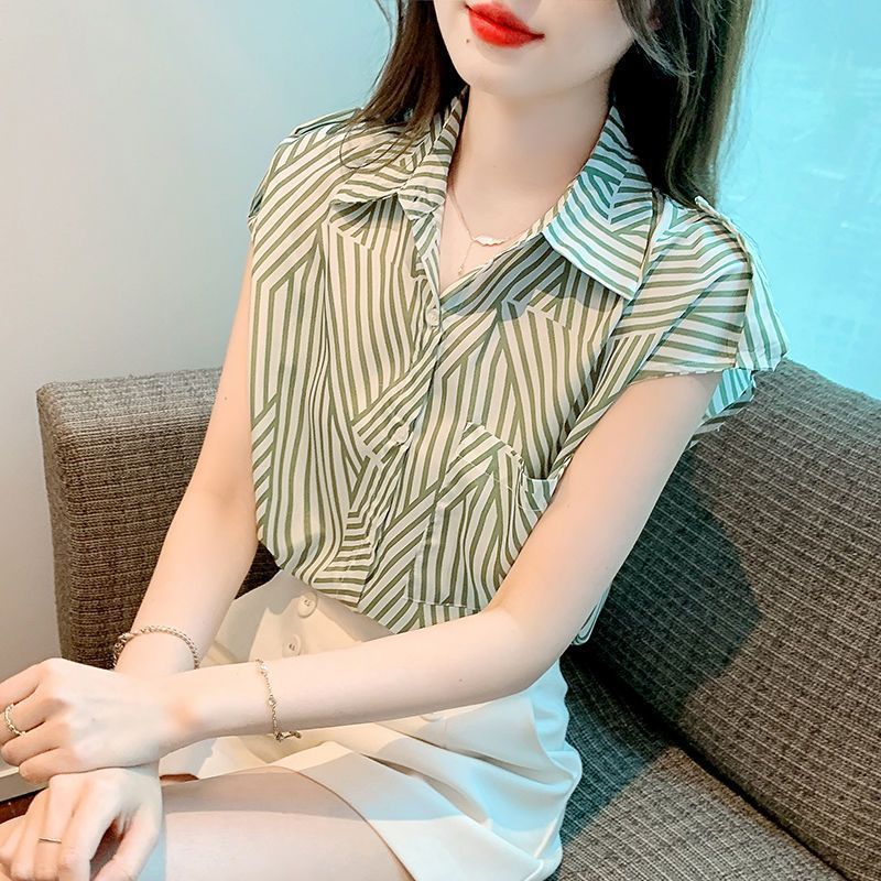 ファッション洋気非対称縞シャツ女性夏の新型優雅で痩せたデザイン感雪紡織半袖上着潮|undefined