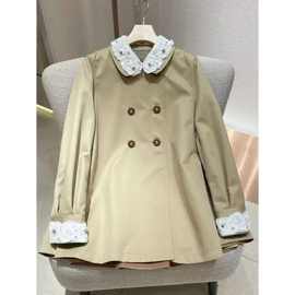 娃娃领a字型中长款双排扣风衣卡其色蕾丝镶钻2025秋季新款外套女
