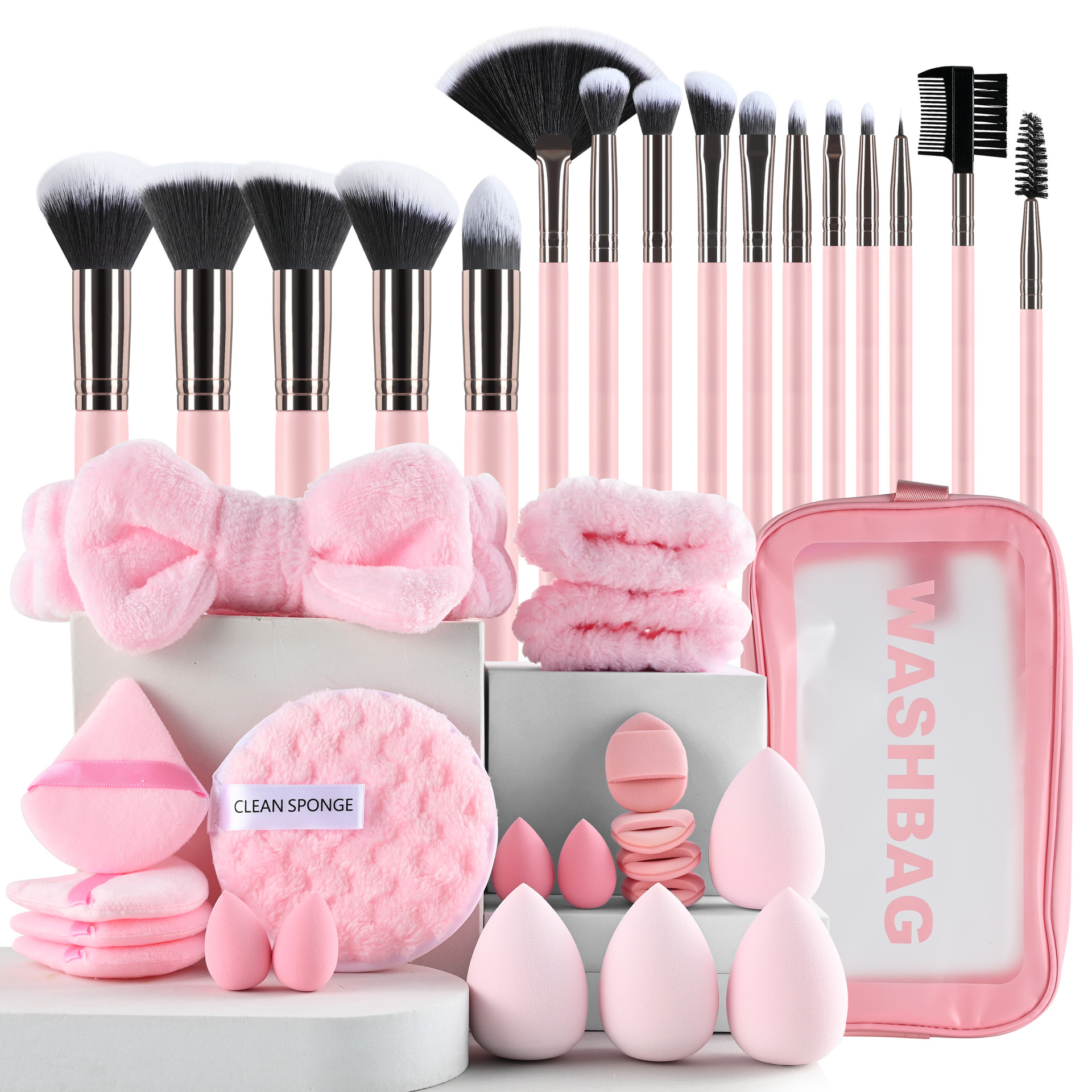 Amazon rosa 53 piezas de maquillaje lavado facial correa de cabello arco correa de cabello rosa esponja huevo cojín de aire
