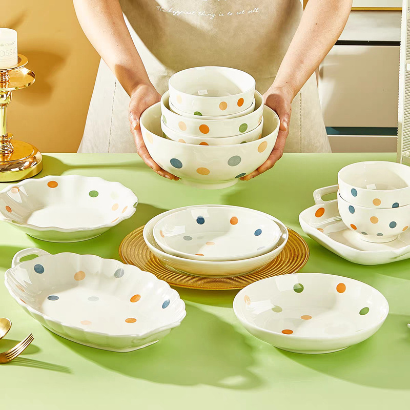 Household Ceramic Tableware Rainbow Polka Dot High-Value Underglaze Color Bowls and Plates Cream Style Eating Bowls and Dishes Rice Bowls