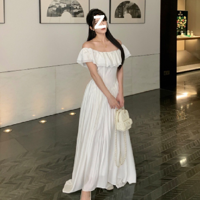 新款气质荷叶边显瘦飞飞袖a字裙连衣裙白长裙子女夏|undefined