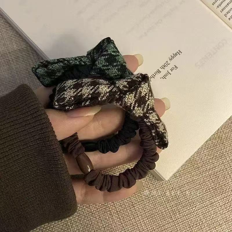 千鸟格蝴蝶结头绳女甜美气质小肠发圈扎高马尾发绳头饰皮筋|undefined