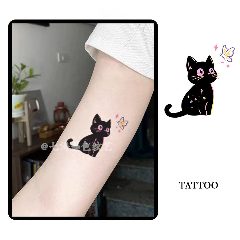 Cute Kitten Colorful Tattoo Stickers for Women, Waterproof, Long-Lasting, Beautiful, Washable, Realistic Arm Tattoos, Student Stickers