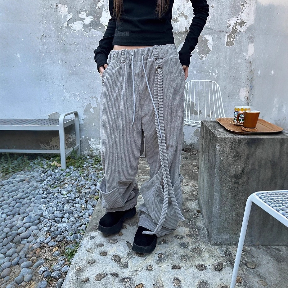 秋冬新款 韩国粗条灯芯绒加厚大口袋复古宽松阔腿裤长裤休闲