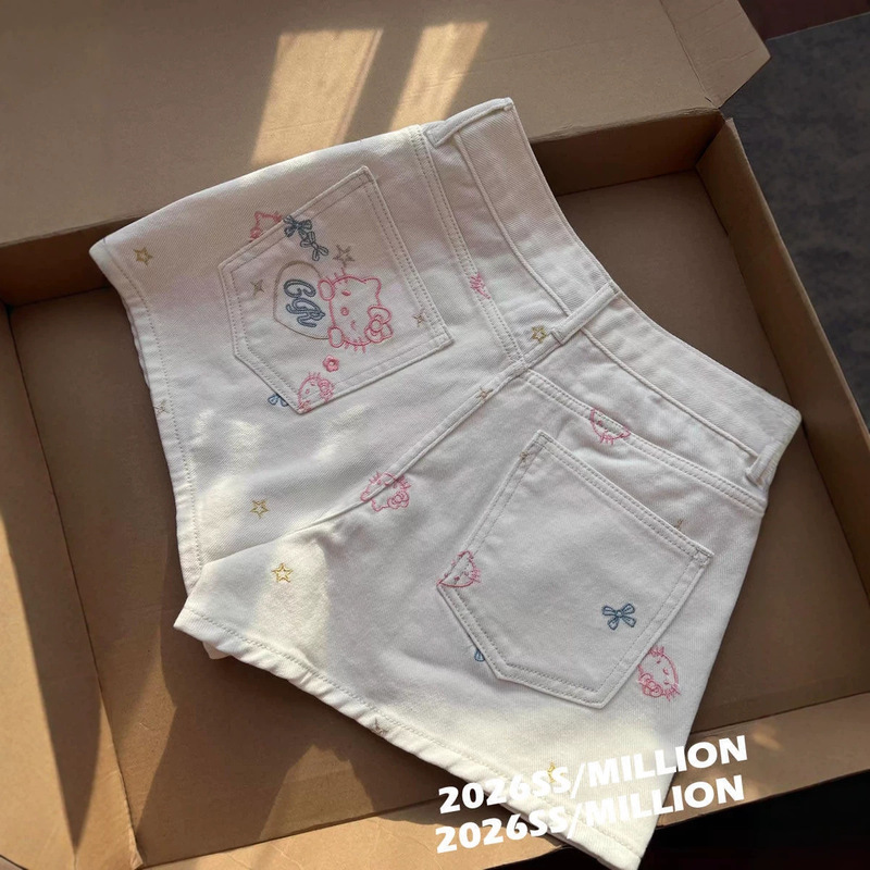 Sweet and Spicy Kitty Cat Cartoon Embroidered Denim Shorts for Women, 2026 Summer New Stylish Wide-Leg Hot Pants Sweet and Spicy Kitty Cat Cartoon Embroidered Denim Shorts for Women, 2026 Summer New Stylish Wide-Leg Hot Pants