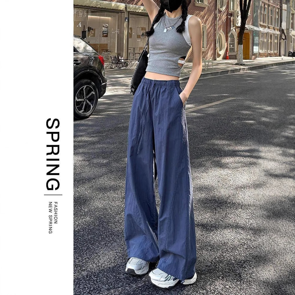 American-Style Quick-Dry Cargo Pants for Women, Summer Thin Straight High-Waisted Wide-Leg Pants, Relaxed Loose Casual Sports Pants