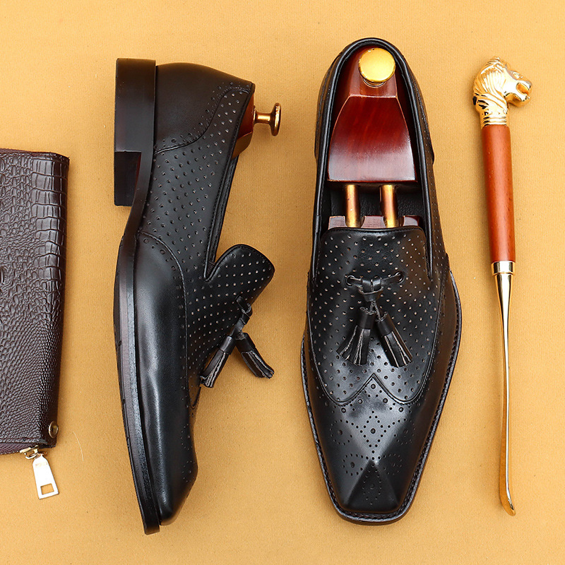 Casual summer leather shoes men's hollow breathable leather business dress shoes_vogvips.com