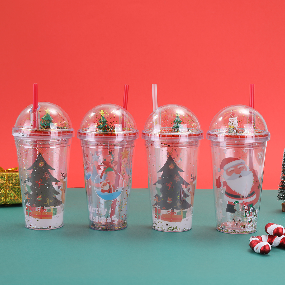 Vaso Navideño con Popote — Taza Plástica de Doble Capa con Santa Claus (Personalizable)