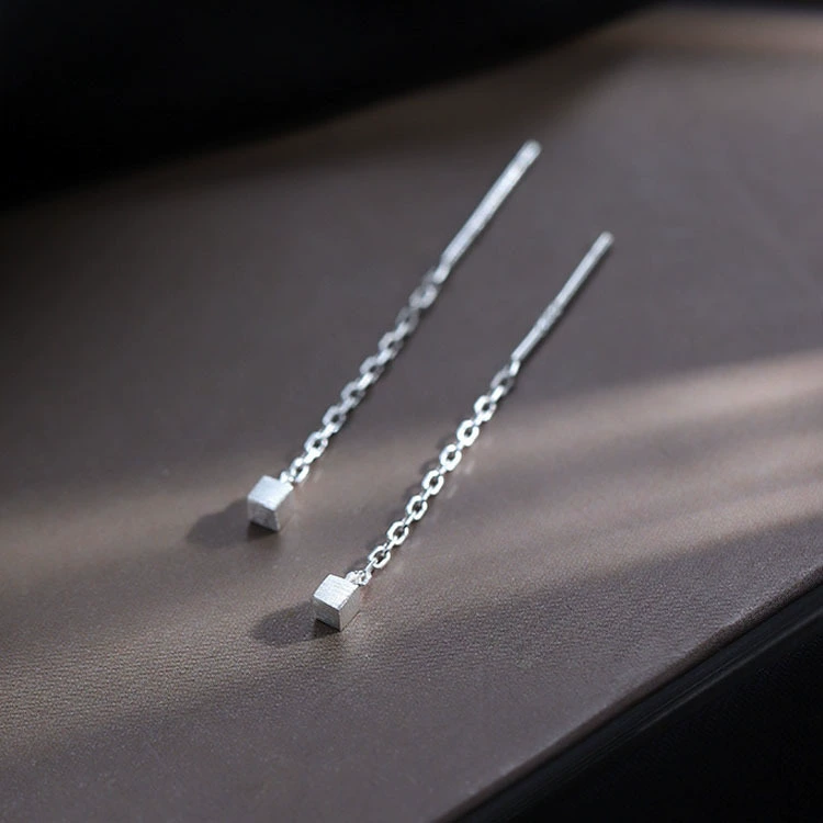 Earrings silver 925, minimalist cube stud with slim drop, lightweight summer accessory