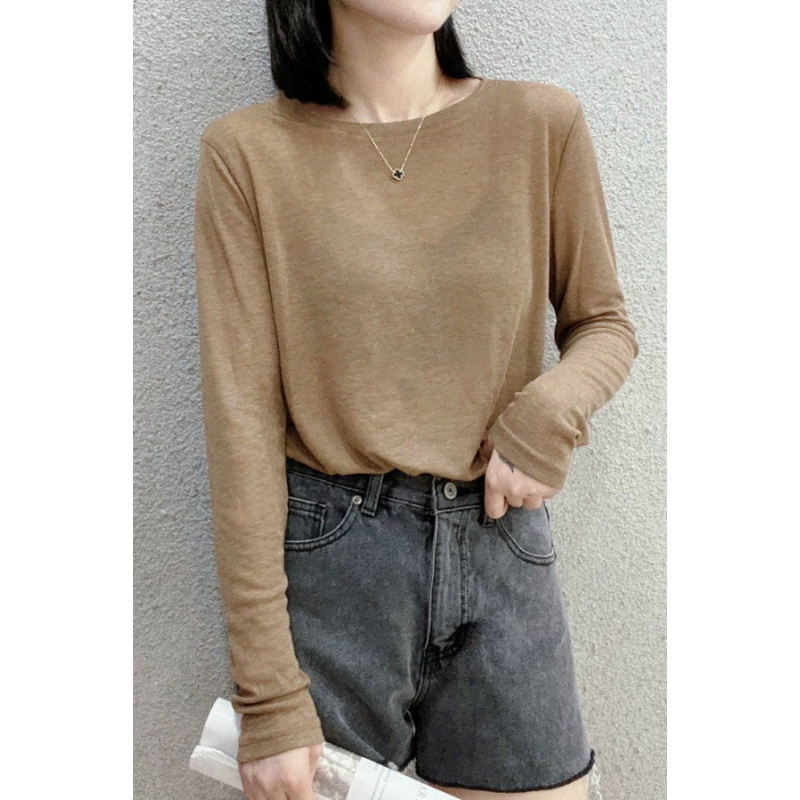 European Station 2024 Весна/Лето Новая тонкая однотонная футболка с длинными рукавами и маской для женщин Свободная базовая рубашка с круглым вырезом Топ Trend.