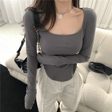 方领长袖打底衫女春新款韩版下摆不规则休闲上衣辣妹修身显瘦T恤