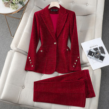 酒红色长袖小西装领外套女裤子秋冬季新款职业休闲两件套装通勤
