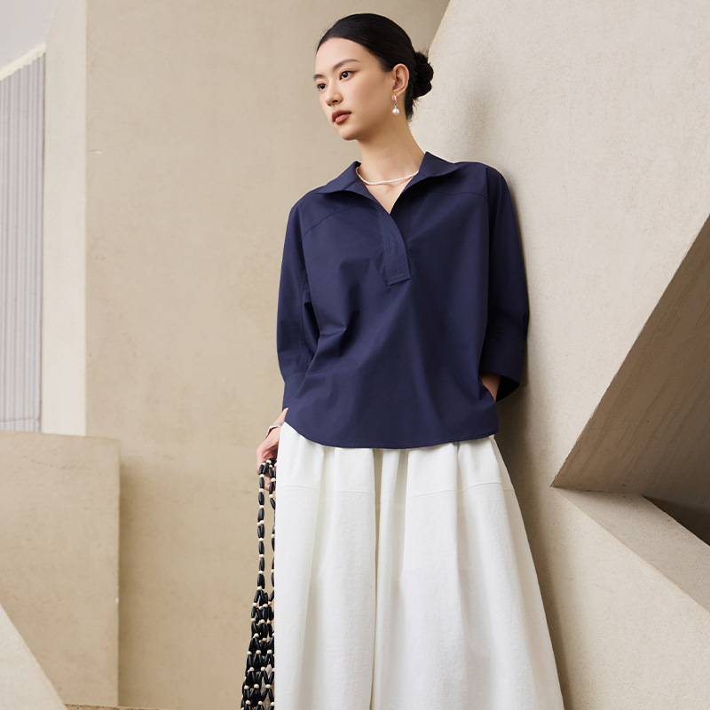 Gentle and Elegant Simple Cotton Stand-Collar Nine-Quarter Sleeve Shirt for Women, New Summer Style, Solid Color, Slimming, Loose-Fitting, Versatile Top