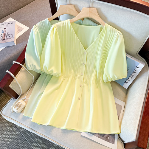 Designer Short-Sleeve Top with French Charming Gentle Style, Puffed Sleeves for Plus Size Women - Summer Fashion
