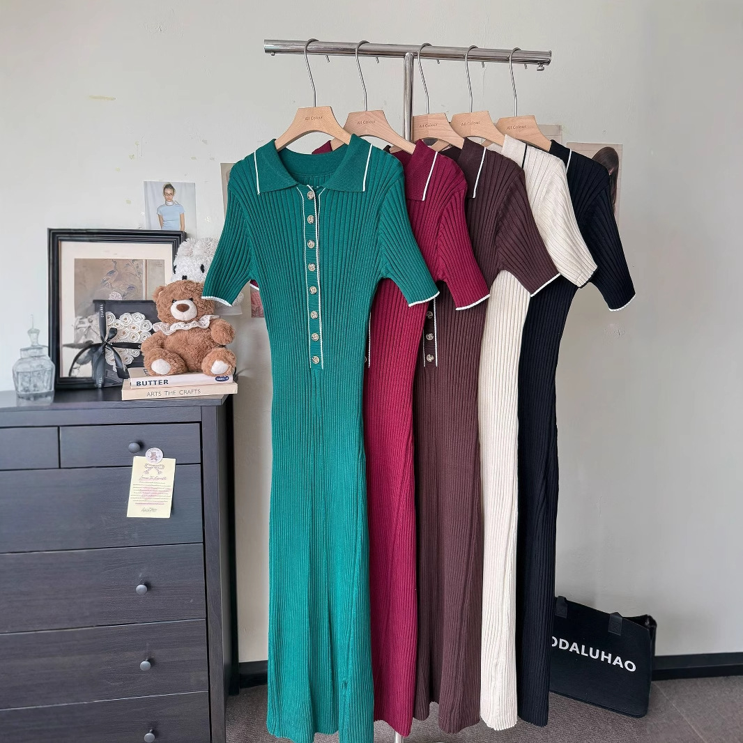 Women's Short-Sleeve Turn-Down Collar Knit Dress, Cross-Border 2025 Spring/Summer New European And American Style Ribbed_ecoleips.com