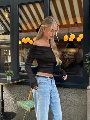 European and American women's autumn new fashion spicy girl street style sexy off-shoulder elegant slim-fit top