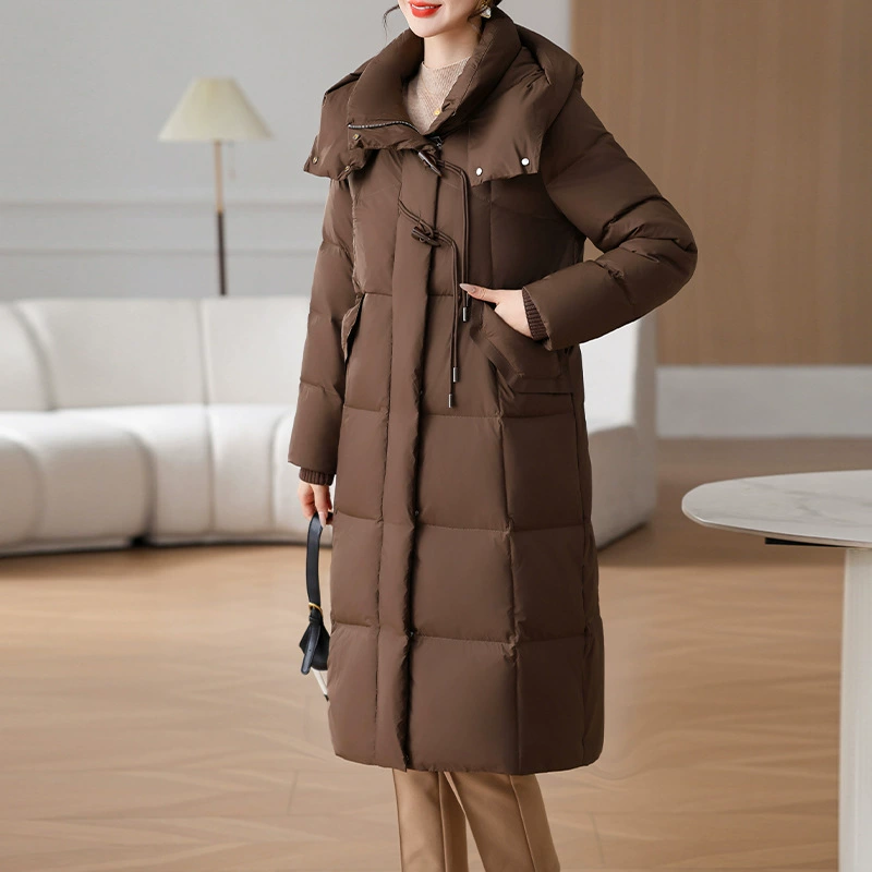 Хефу мама пуховик женский колено 2024 новая женщина среднего и пожилого возраста теплая и толстая иностранная куртка с капюшоном