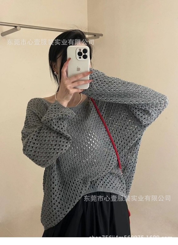 2025跨境早秋短款镂空罩衫上衣女新款设计感慵懒长袖T恤针织衫|undefined