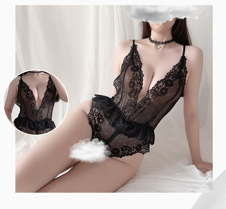 Lace See-through One-piece Bodysuit with Open Design, White, One Size — detail image 7