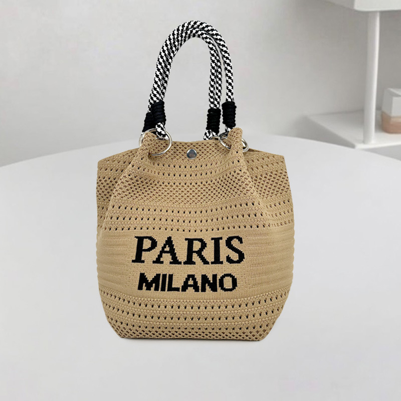 新款PARIS风小众设计针织手提包时尚白塔逛街拍照手拎包包水桶方