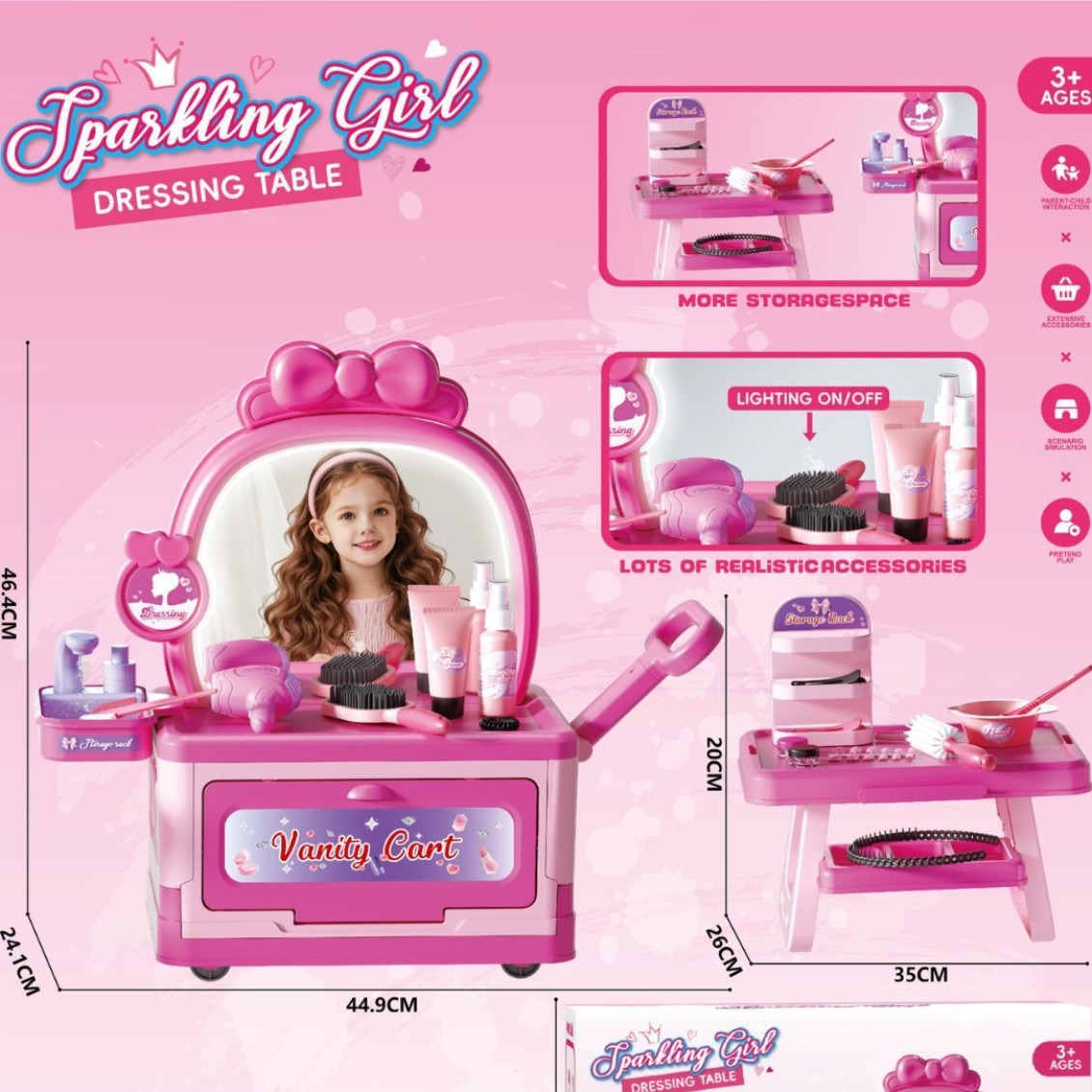 Comercio exterior infantil simulación de luces, música, princesa, joyas de maquillaje, tocador, secador de pelo, juguetes de mesa de maquillaje