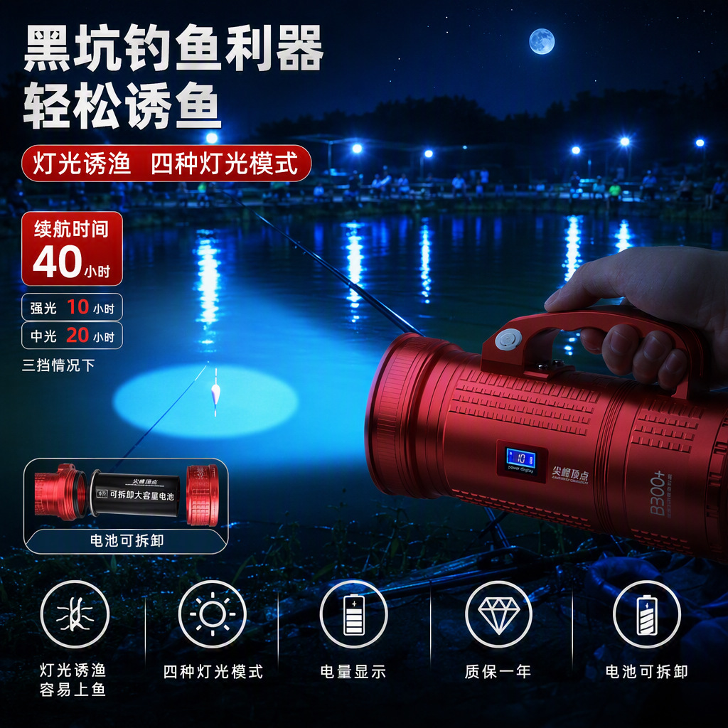 Night Fishing Light, Fishing Lamp with Laser Constant Power, Strong Light, Ultra-Bright, High-Power, for Wild Fishing, Black Pit, Purple Light, Blue Light