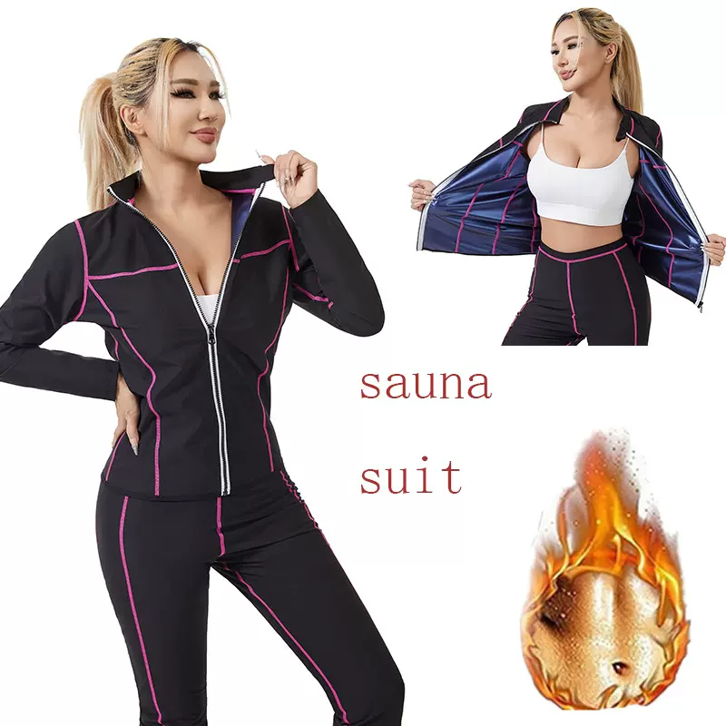 跨境热销女士运动健身训练服塑身衣长袖玫红线暴汗服套装桑拿服