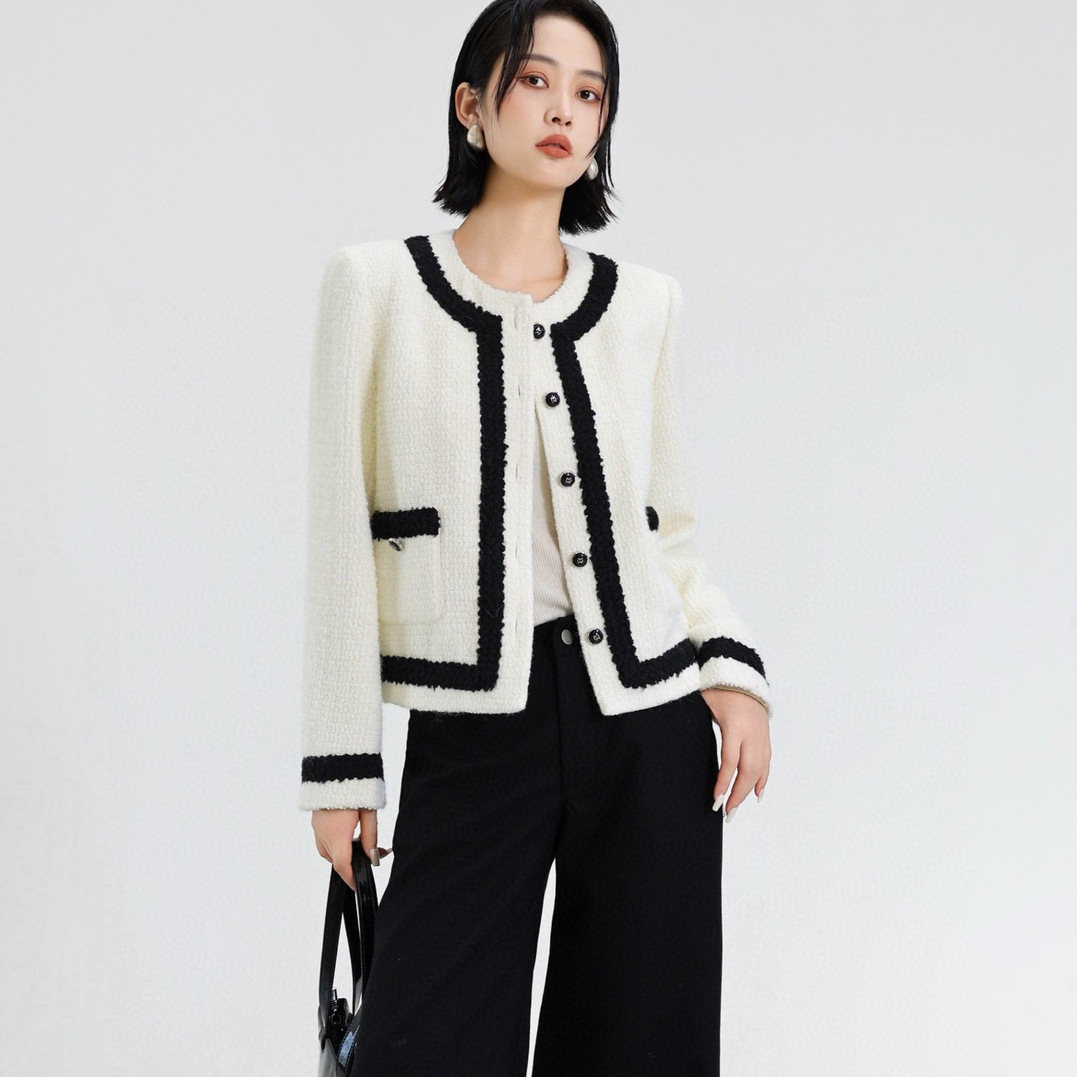 Tweed Style Contrasting Color Tweed Short Jacket for Women, Round Neck Single-Breasted, Autum Elegant and Versatile Ladylike Top