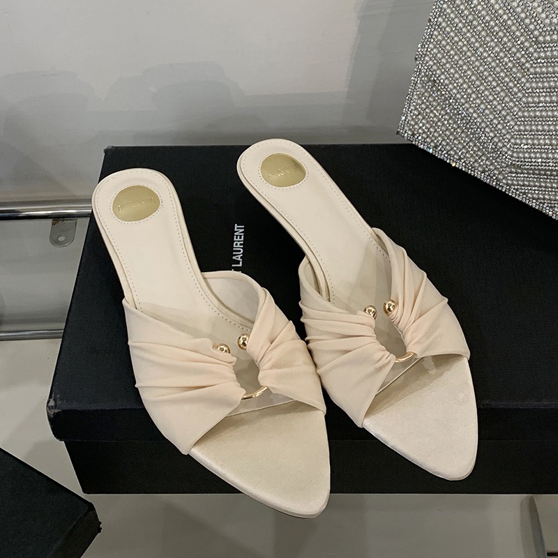 Popular 3cm Fashionable Open-Toe Women's Shoes, Pointed-Toe Satin Sandals, European And American Style, Metal Buckle Cat_vogvips.com