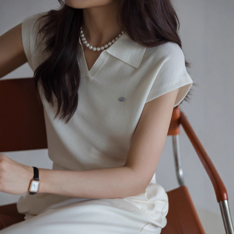 白色亚麻天丝翻领针织短袖女2025新款夏气质短款POLO衫上衣A5361|undefined