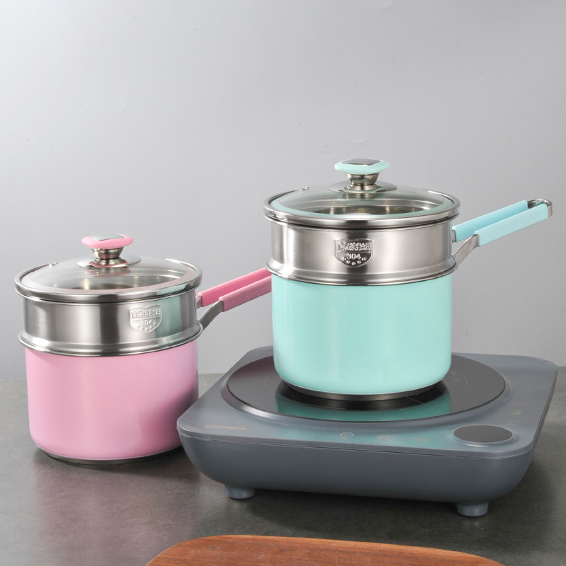 Olla de leche de acero inoxidable 304 Cocina de Inducción horno de microondas cocina universal olla integrada hogar dormitorio olla de fideos instantáneos conjunto de tres piezas