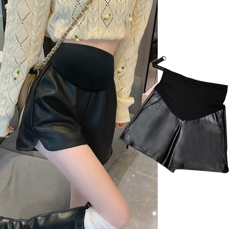 Кожаные шорты для беременных, весна и осень, верхняя одежда, базовые универсальные брюки из искусственной кожи, мягкие тонкие широкие брюки, сапоги для живота, брюки, осенняя одежда