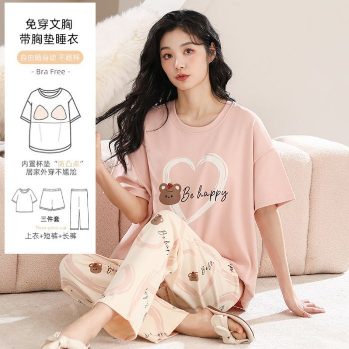 Pantalones de manga corta para mujer de verano, pantalones cortos, pijamas de cuello redondo de tres piezas, algodón de imitación, almohadillas para el pecho, estilo casual cómodo, suave y simple