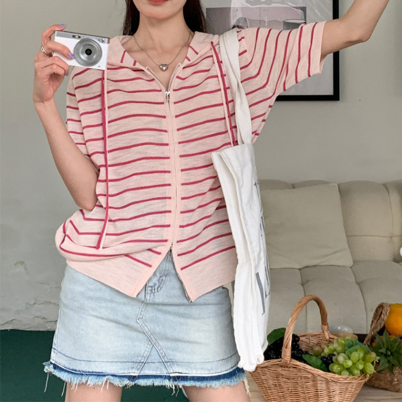 Summer New Striped Hooded Knitted Cardigan Short-Sleeved Thin Women's Top Loose and Versatile Korean Style Casual Wholesale Summer New Striped Hooded Knitted Cardigan Short-Sleeved Thin Women's Top Loose and Versatile Korean Style Casual Wholesale