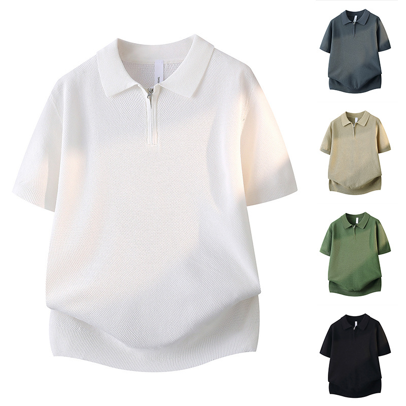 Polo camiseta camiseta de punto camiseta de manga corta camiseta de hombre solapa medio cremallera de color sólido viejo viento de hielo seda de verano fábrica transfronteriza al por mayor