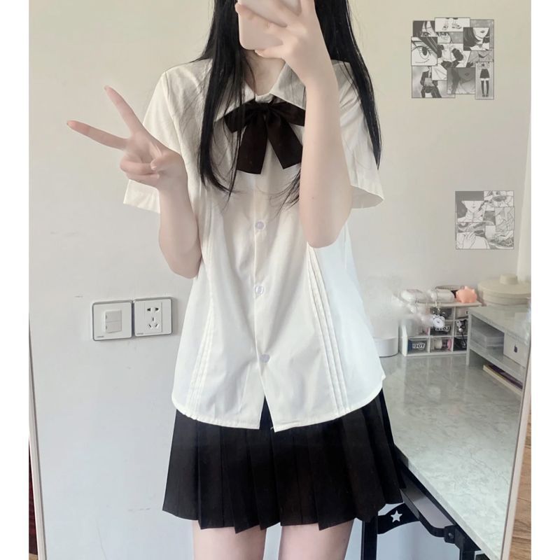 日系原创JK制服衬衣短袖衬衫女学生百搭基础款校供感风琴褶上衣潮