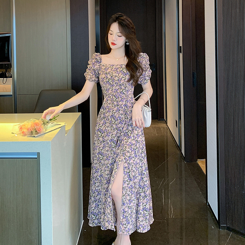 French-Style Square-Neck Puff-Sleeve Floral Dress for Women, Summer Elegant Socialite High-End Chiffon Waist-Cinching Slit Long Dress