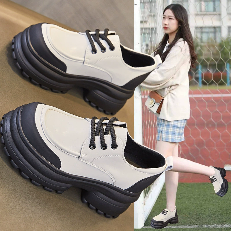 Мокасины из натуральной кожи для женщин Весна 2024 новая толстая подошва увеличена Маленькая кожаная обувь на 8 см, Повседневная модная маленькая обувь на шнуровке