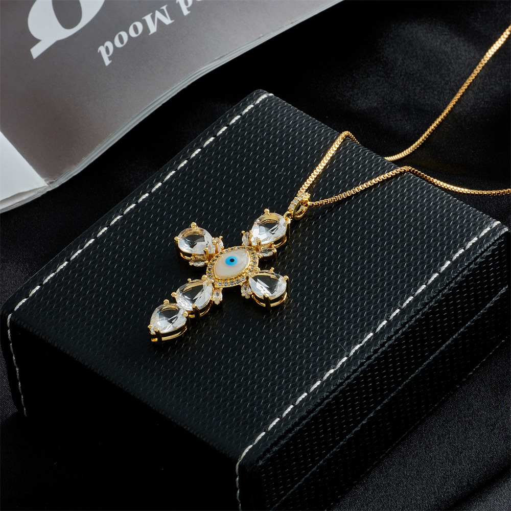 New Cross Pendant Copper Plated 18k Gold Zircon Drip Oil Necklace Female display picture 3
