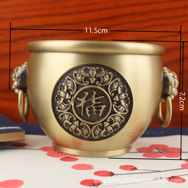 黄銅百福かめ聚宝盆精雕福字招財米かめオフィス純銅置物工芸品大サイズ銅器|undefined