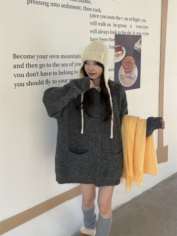 慵懒风连帽毛衣外套女2025秋季新款复古宽松中长款长袖针织上衣潮|undefined