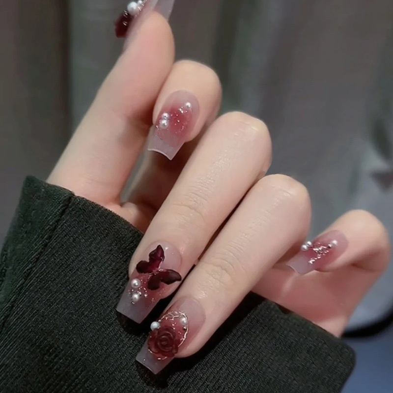 Dusk Camellia Wearing Armor Wine Red Nail Patch Blush Nail Patch Butterfly Fake Nail Nail Patch Finished Armor