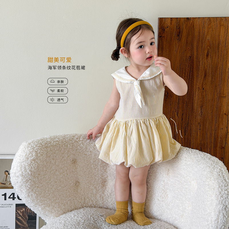 Zhe Li Children's Clothing Girls' Dress Summer Thin Style 2026 Navy Style Children's Princess Dress Baby Girl Flower Bud Dress