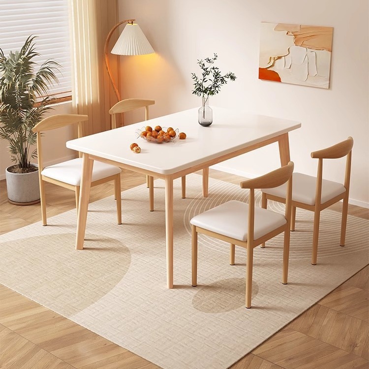 Mesa de comedor de piernas de madera sólida para casa pequeña sala de estar mesa de comedor estilo crema rectangular mesa de comedor comercial combinación de sillas