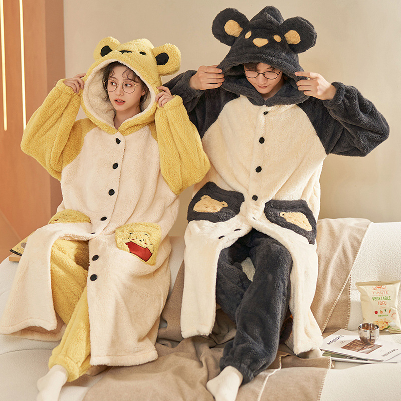 カップル用パジャマ 冬用 コーラルフリース 厚手 秋冬用 男女兼用 裏起毛セット 冬用ナイトガウン ホームウェア