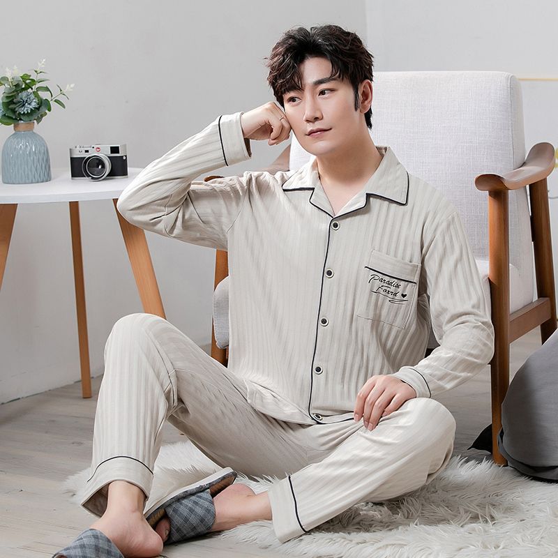 Pijama de hombre de algodón primavera y otoño delgado cardigan de manga larga