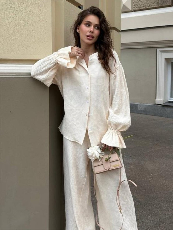 Bộ cardigan dài tay + quần ống rộng tay đèn lồng chất liệu cotton — màu hồng, màu đen, quả mơ chi tiết 13