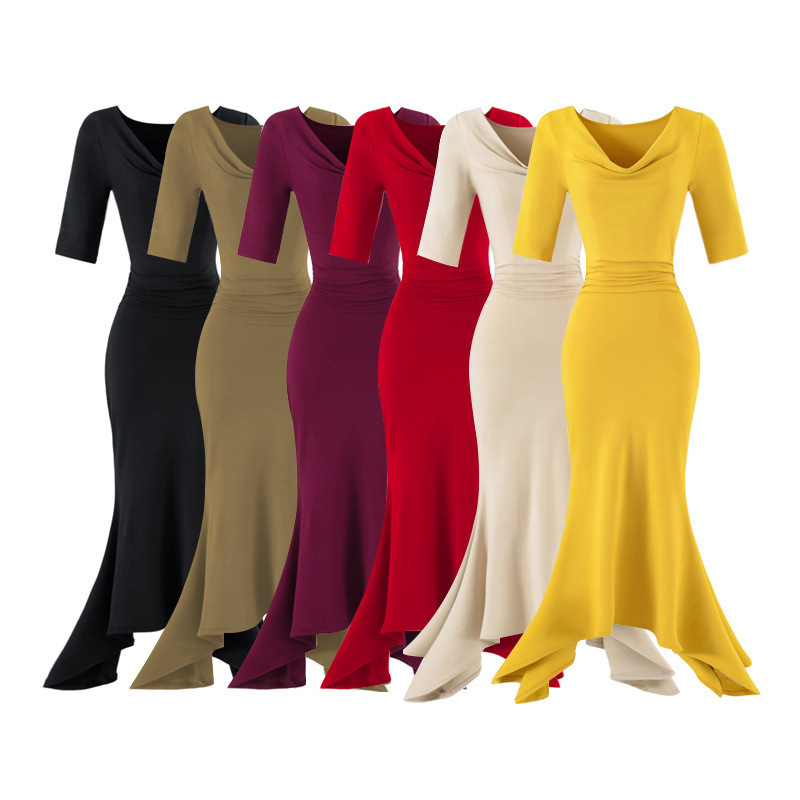 Flowing Curve Summer Dress with a Draped Neckline, Half-Sleeves, Stretchy Tight-Fitting Waist, Mermaid Style, Sexy Pure Desire Style, Bodycon Dress Flowing Curve Summer Dress with a Draped Neckline, Half-Sleeves, Stretchy Tight-Fitting Waist, Mermaid Style, Sexy Pure Desire Style, Bodycon Dress